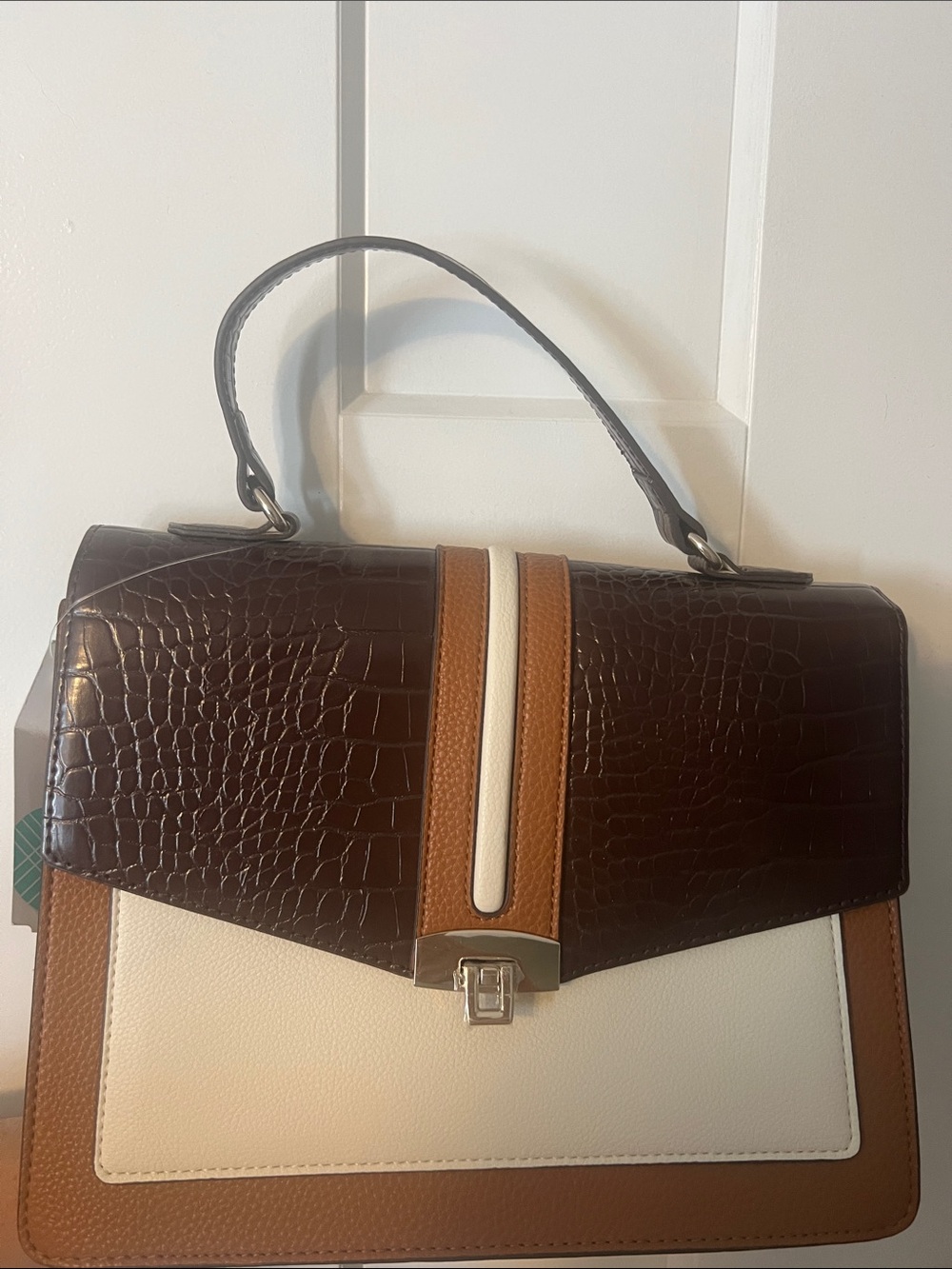 41 Hawthorn Tricolor Croc-Embossed Top-Handle Crossbody in Brown, Tan & Cream